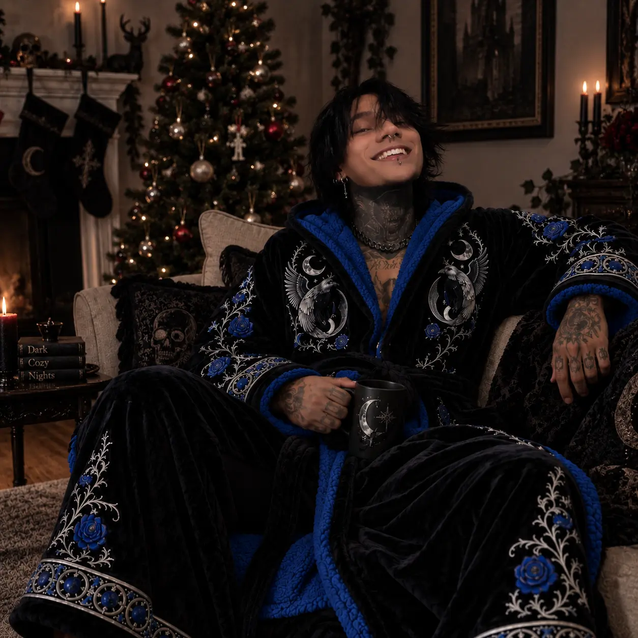 Un homme dans la robe chauffante The Raven Fall près d'un sapin de Noël, la nuit