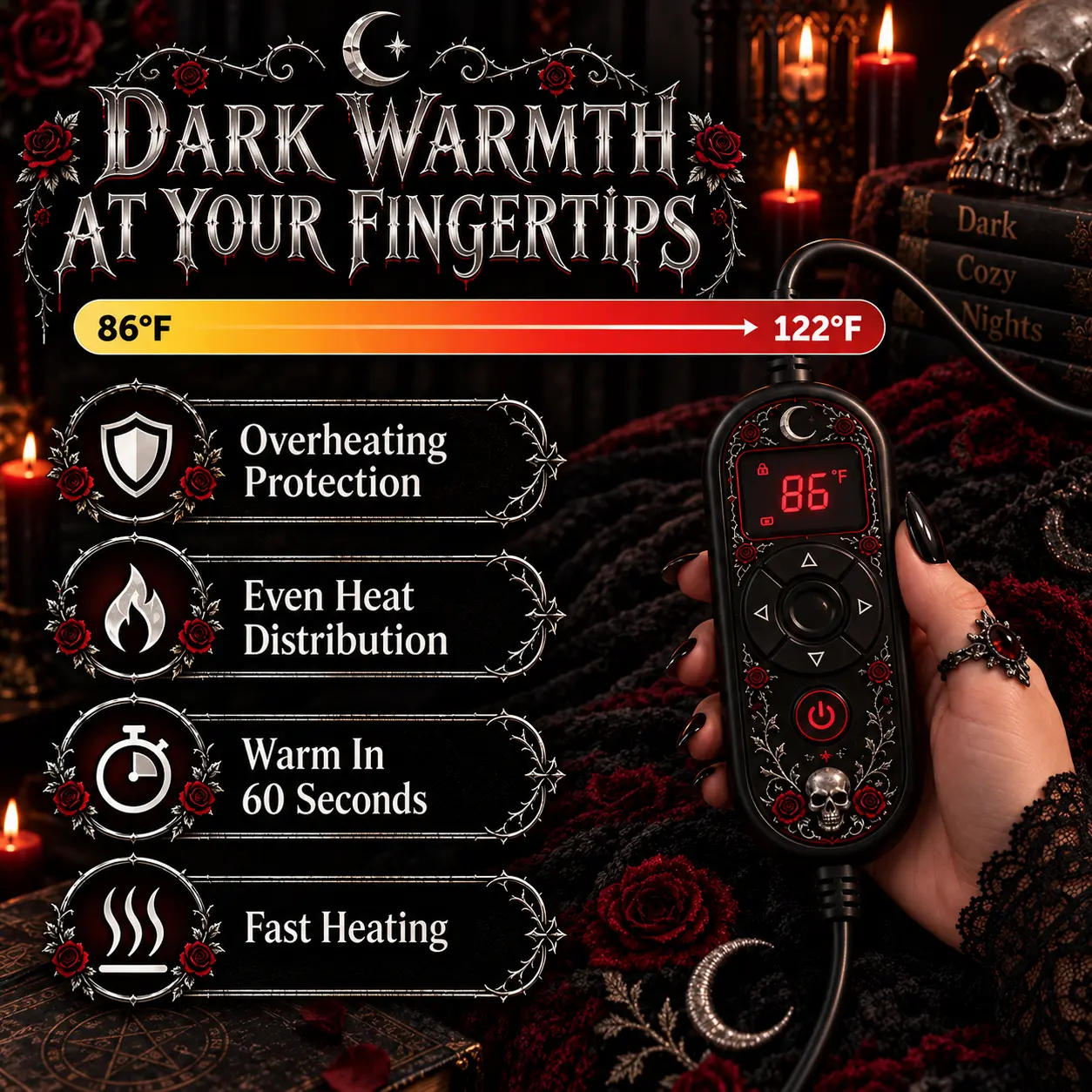 La télécommande ornée Nocturne tenue en main près de bougies, réglable de 86 °F à 122 °F