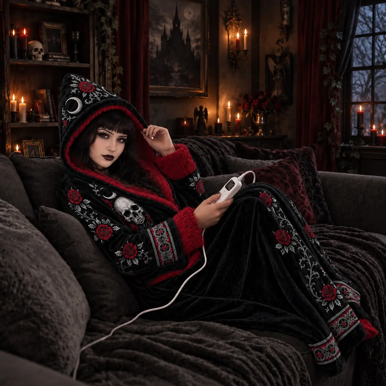 Une femme enveloppée dans la robe chauffante The Blood Rose à la lueur des bougies